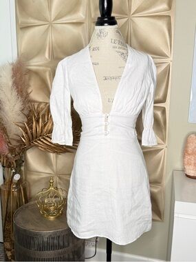 Reformation White Linen Dress Size 4 Deep V Puff Sleeve Mini Dress